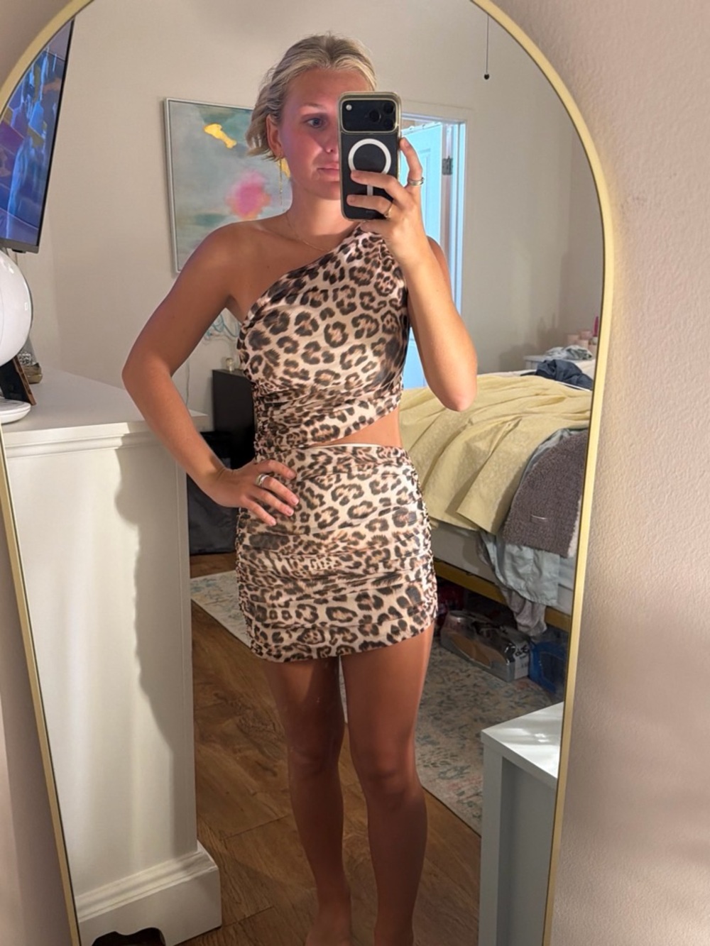 Peppermayo Leopard Print One-Shoulder Mini Dress - Beige & Brown